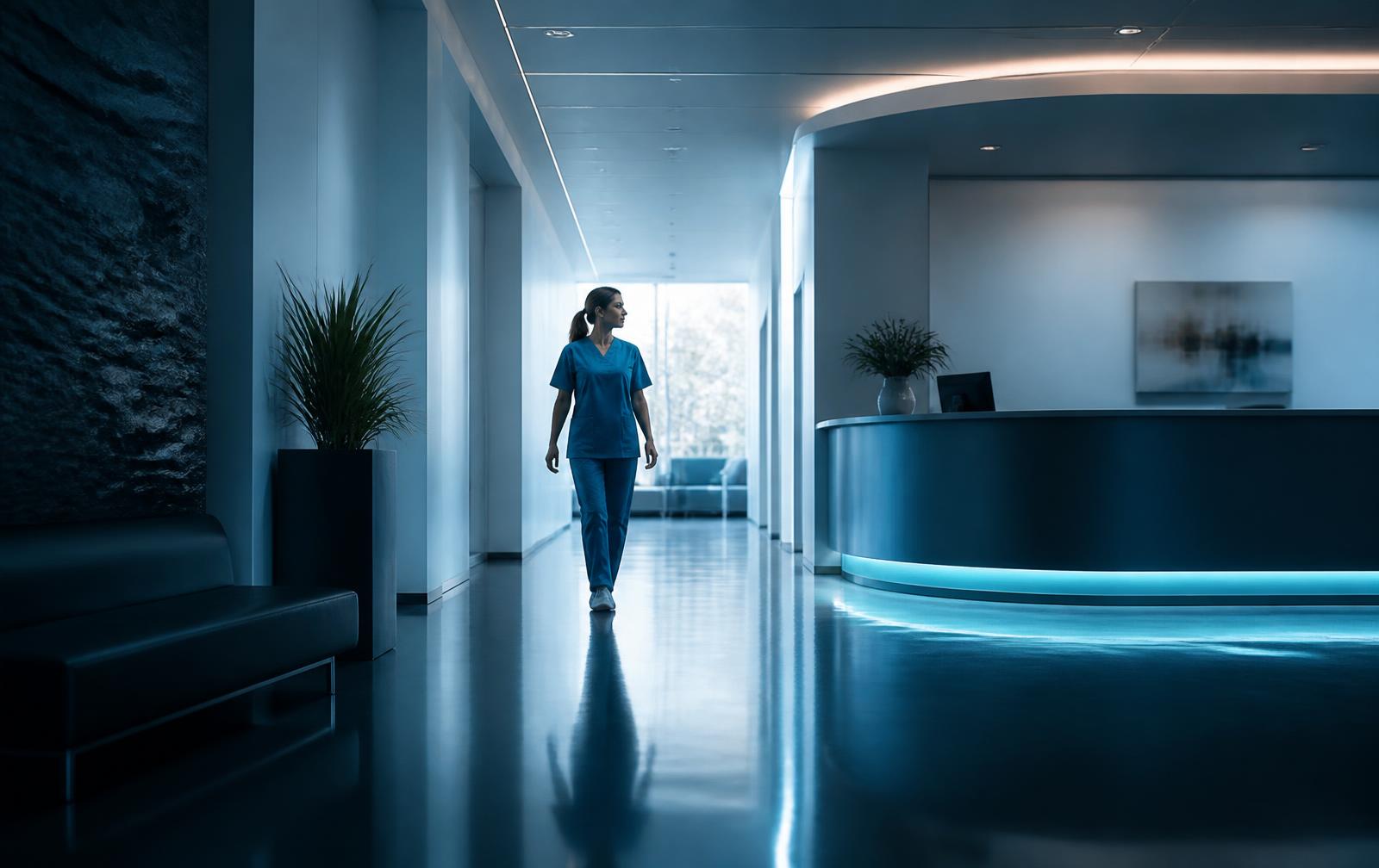 Clinician walking through a modern medical clinic reception
