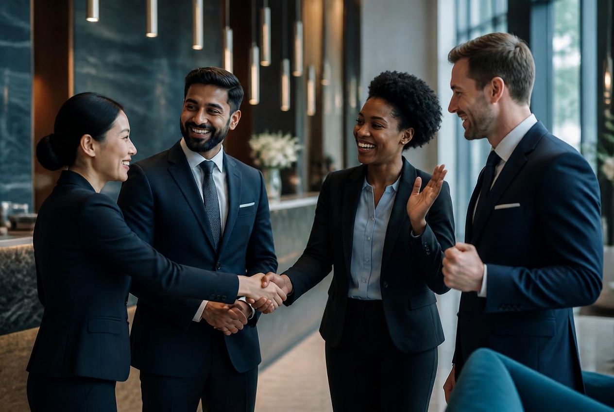 A diverse group of hospitality clients celebrating strong performance results in a hotel lobby