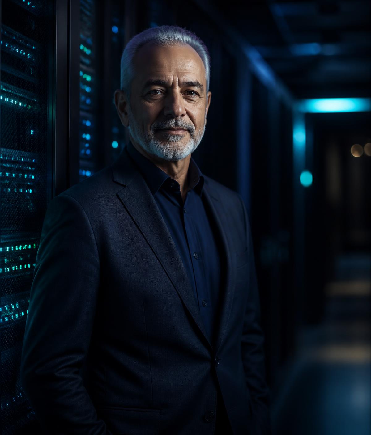 Senior technology leader standing beside server racks