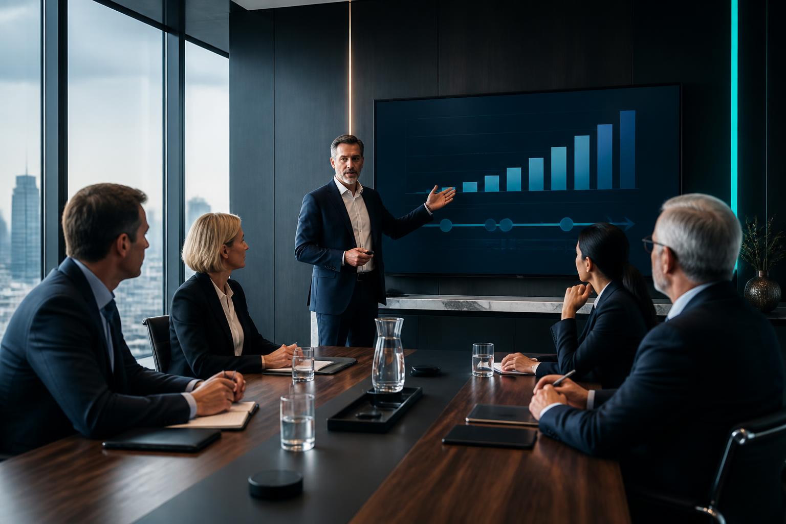 Executives in a modern boardroom reviewing performance and roadmap plans on a wall display